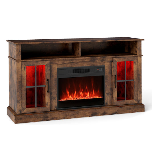 Giantex 58" Fireplace TV Stand for 65" TV, Media Entertainment Center w/ Electric Fireplace, LED Lights, TV Console Table, Brown