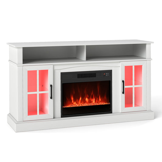Giantex 58" Fireplace TV Stand for 65" TV, Media Entertainment Center w/ Electric Fireplace, LED Lights, TV Console Table, White