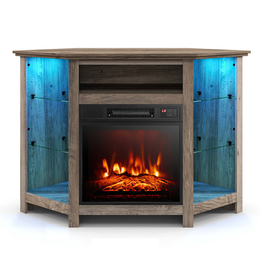 Giantex Corner TV Stand w/Electric Fireplace, Entertainment Center, Media Console Cabinet, Gray