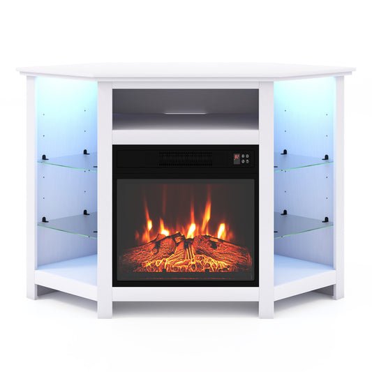 Giantex Corner TV Stand w/Electric Fireplace, Entertainment Center, Media Console Cabinet, White