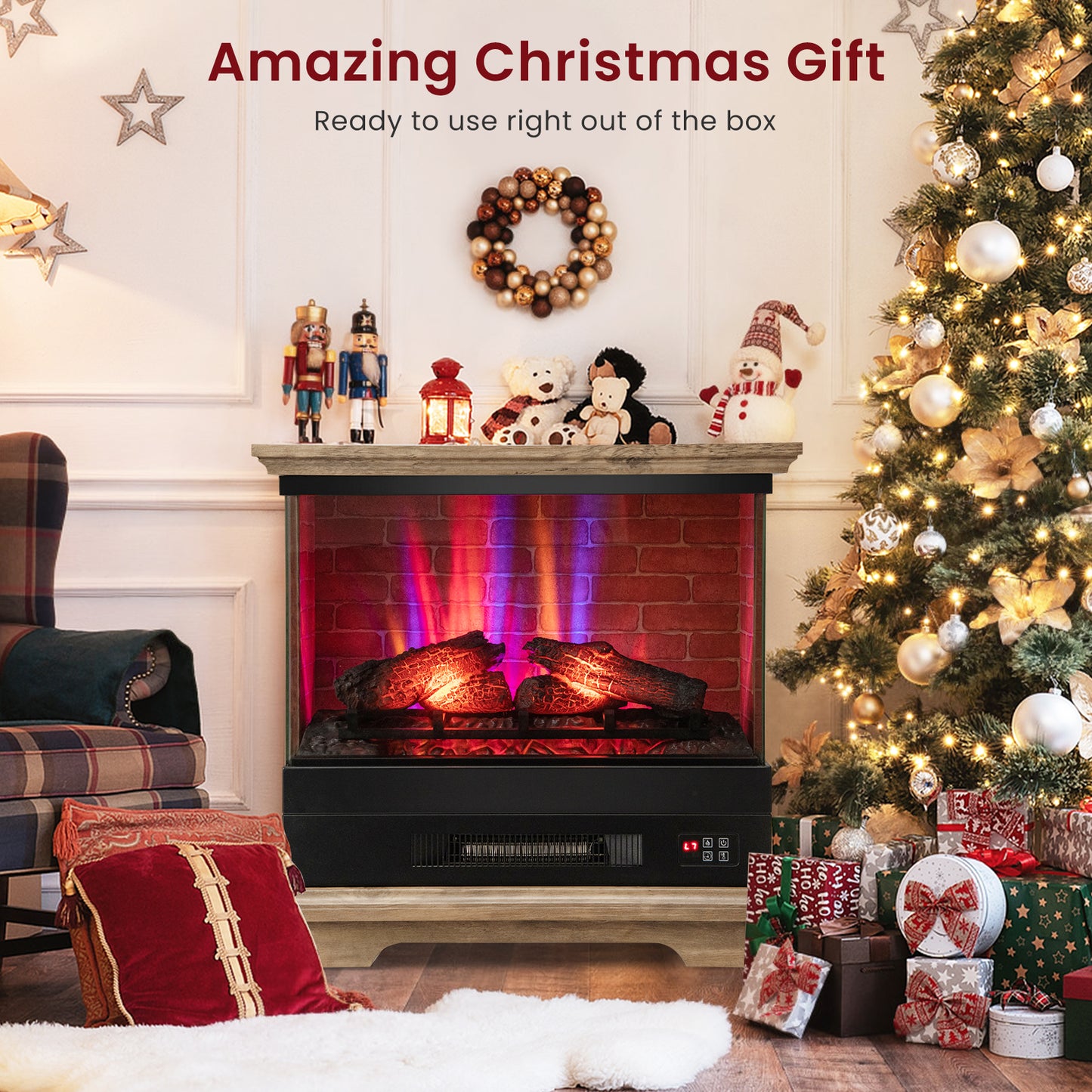 Giantex 27" Electric Fireplace Heater, Freestanding Fireplace Stove w/Remote Control, 3-Sided View, Brown
