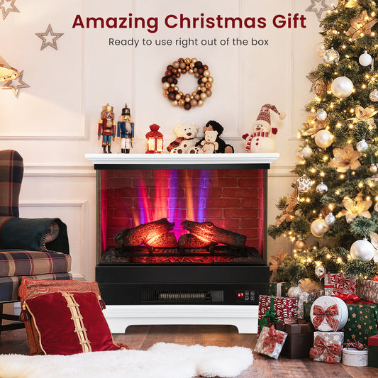Giantex 27" Electric Fireplace Heater, Freestanding Fireplace Stove w/Remote Control, 3-Sided View, White