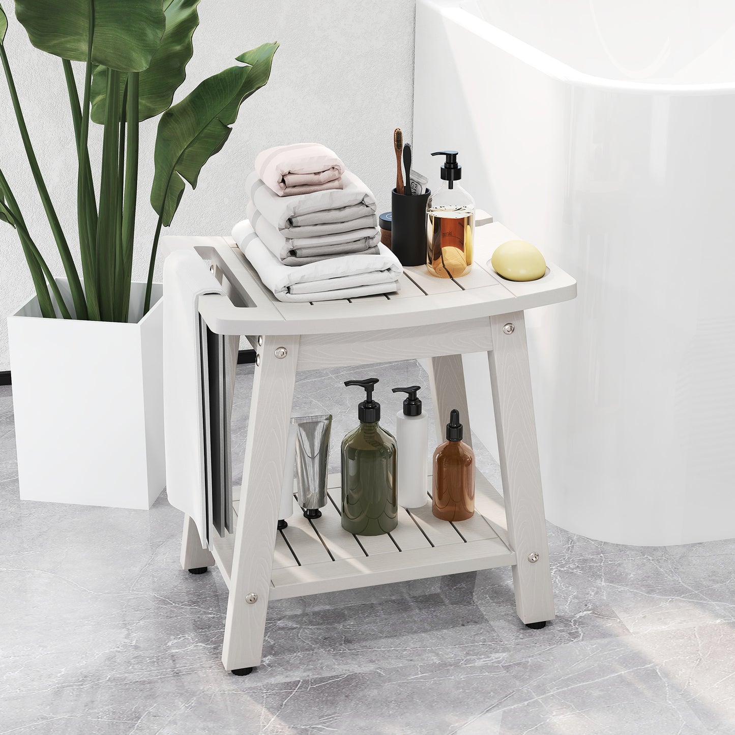 Giantex Shower Benches for Inside Shower, Foot Stool w/w/Handle Shower Head & Soap Holder, White