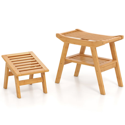 Giantex Bamboo Shower Bench w/Foot Stool, 2-Tier Wood Spa Bath Seat, Bath Chair Organizer