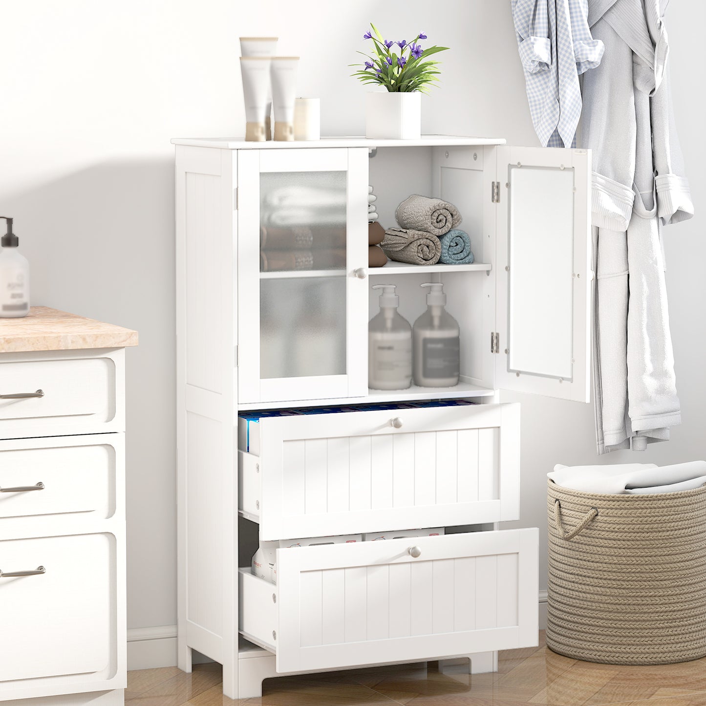 Giantex Floor Cabinet, Freestanding Bathroom Storage Cabinet w/2 Frosted Tempered Glass Doors, 2 Drawers, 3-Level Adjustable Shelf