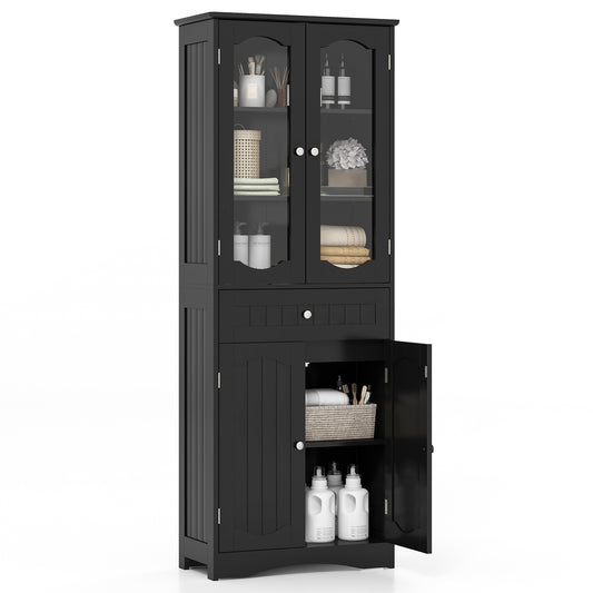 Giantex 63" Tall Bathroom Storage Cabinet, Freestanding Linen Cabinet w/2 Glass Doors, 2 Adjustable Shelves, Kitchen Pantry Cabinet, Black