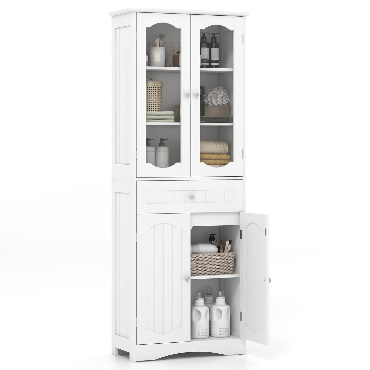 Giantex 63" Tall Bathroom Storage Cabinet, Freestanding Linen Cabinet w/2 Glass Doors, 2 Adjustable Shelves, Kitchen Pantry Cabinet, White