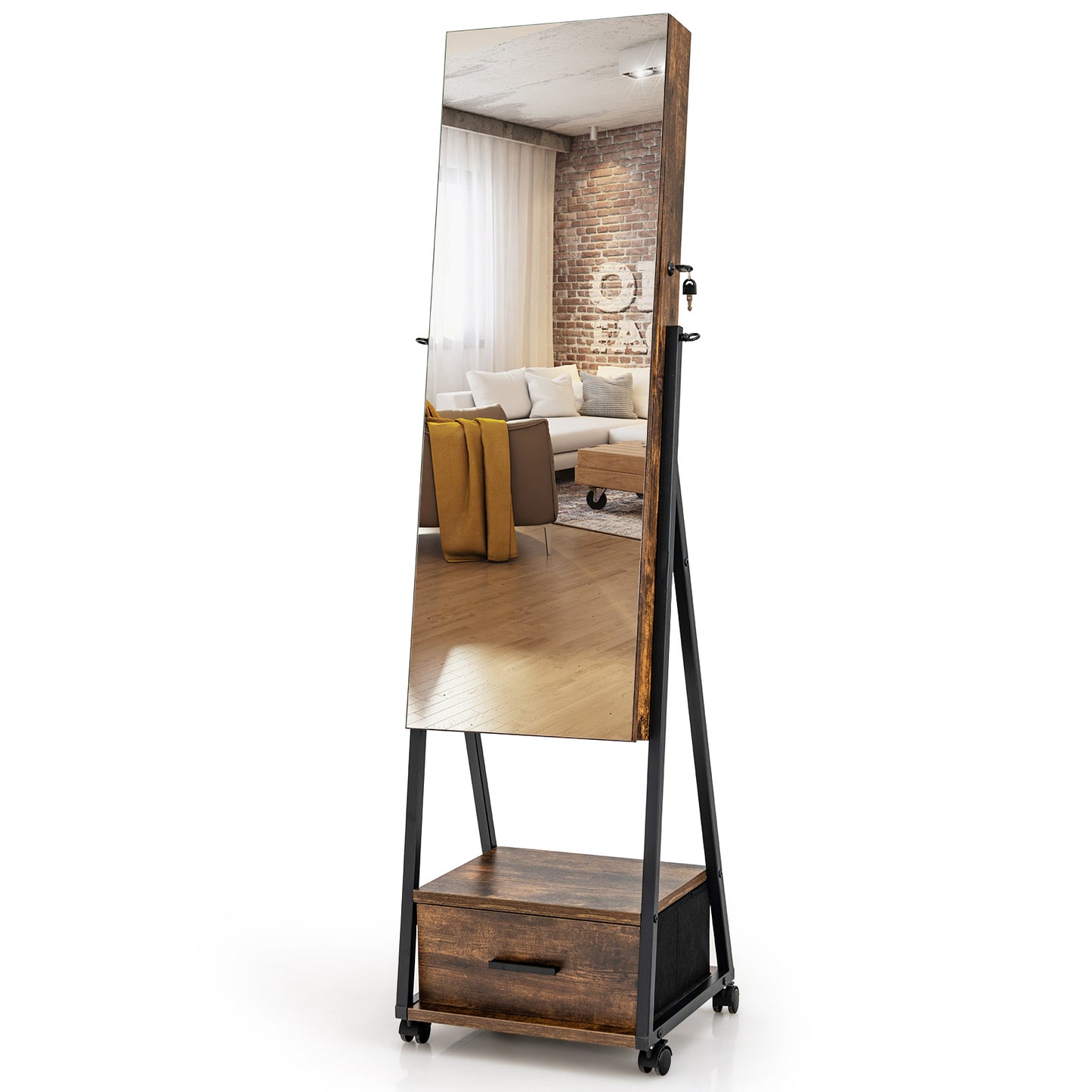 Giantex Freestanding Jewelry Cabinet, Jewelry Makeup Storage Organizer, Mobile Jewelry Armoire, Coffee