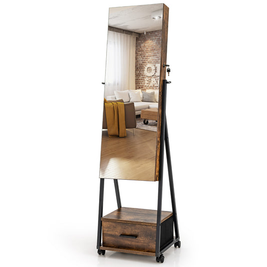 Giantex Freestanding Jewelry Cabinet, Jewelry Makeup Storage Organizer, Mobile Jewelry Armoire, Coffee