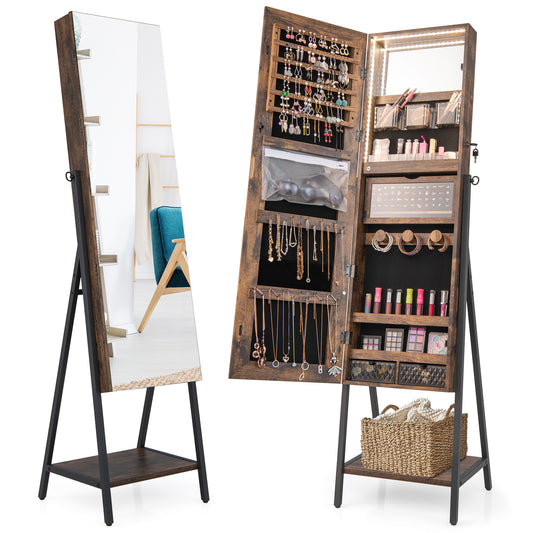 Giantex Freestanding Jewelry Armoire, Lockable Jewelry Cabinet Organizer w/ Full-Length Mirror, Brown