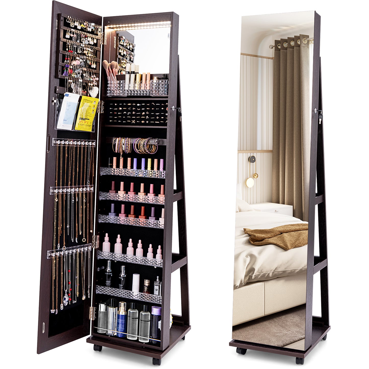 Giantex Lockable Jewelry Cabinet Armoire, 64" Standing Jewelry Organizer w/ Built-in Makeup Mirror, Purple