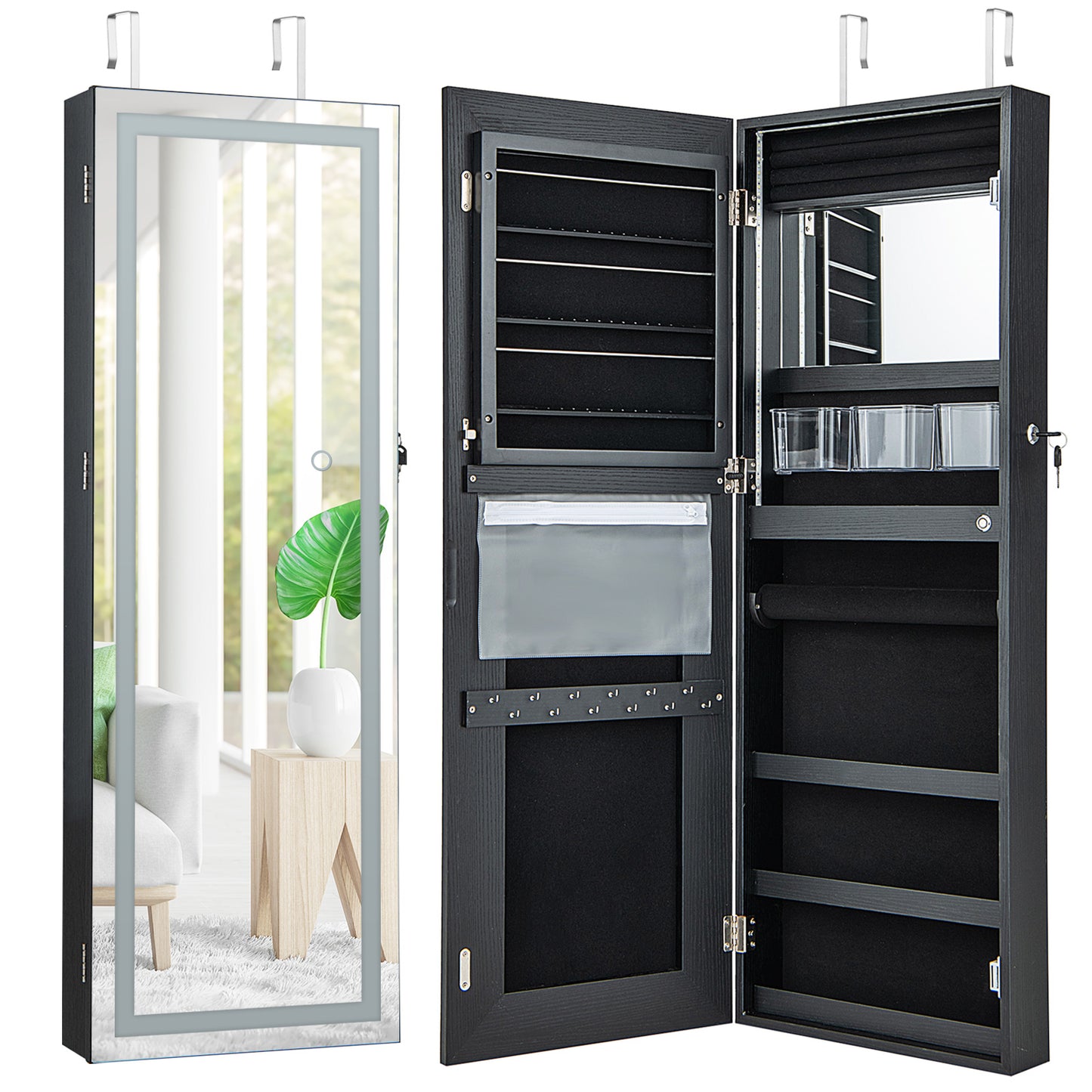 Giantex 42.5" LED Mirror Jewelry Cabinet, Wall Mounted/Door, Hanging Jewelry Armoire, Black