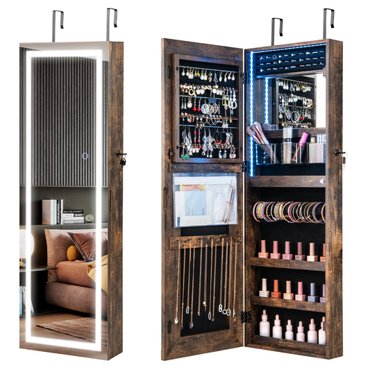 Giantex 42.5" LED Mirror Jewelry Cabinet, Wall Mounted/Door, Hanging Jewelry Armoire, Brown