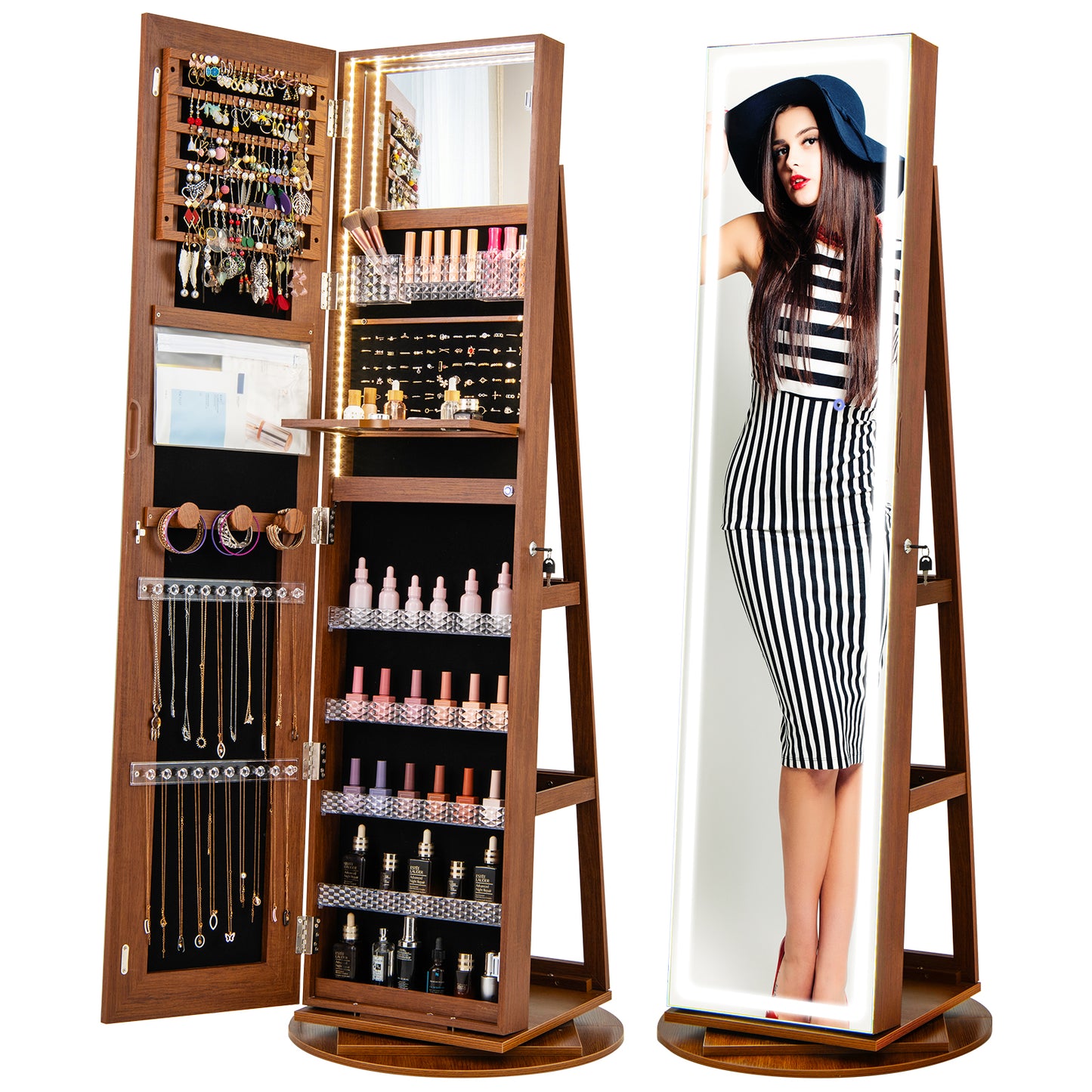 Giantex 360¡ã Swivel Jewelry Cabinet w/ LED Lights, Lockable Jewelry Armoire w/ Full-Length Mirror