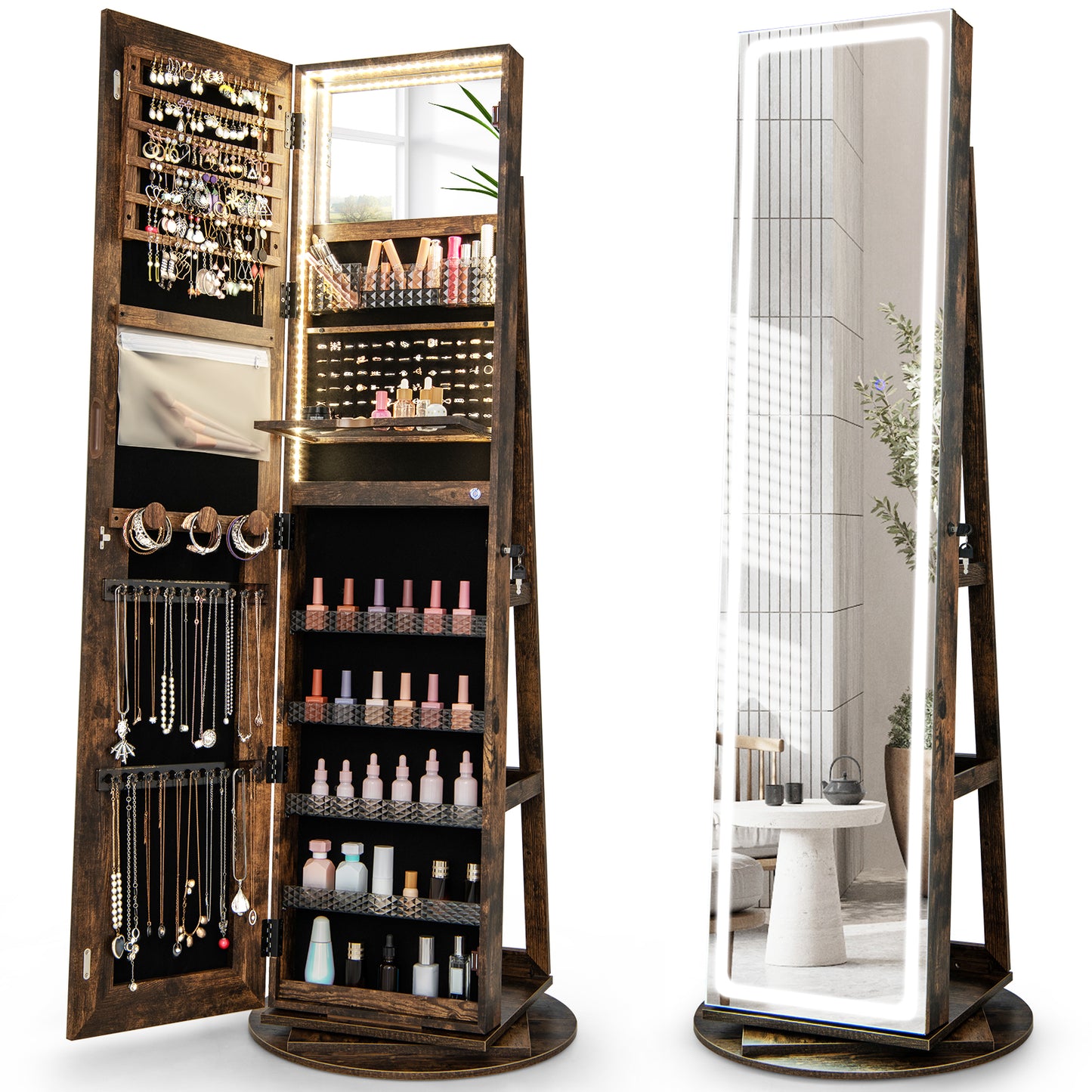 Giantex 360¡ã Swivel Jewelry Cabinet w/ LED Lights, Lockable Jewelry Armoire w/ Full-Length Mirror