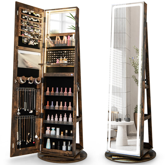 Giantex 360¡ã Swivel Jewelry Cabinet w/ LED Lights, Lockable Jewelry Armoire w/ Full-Length Mirror