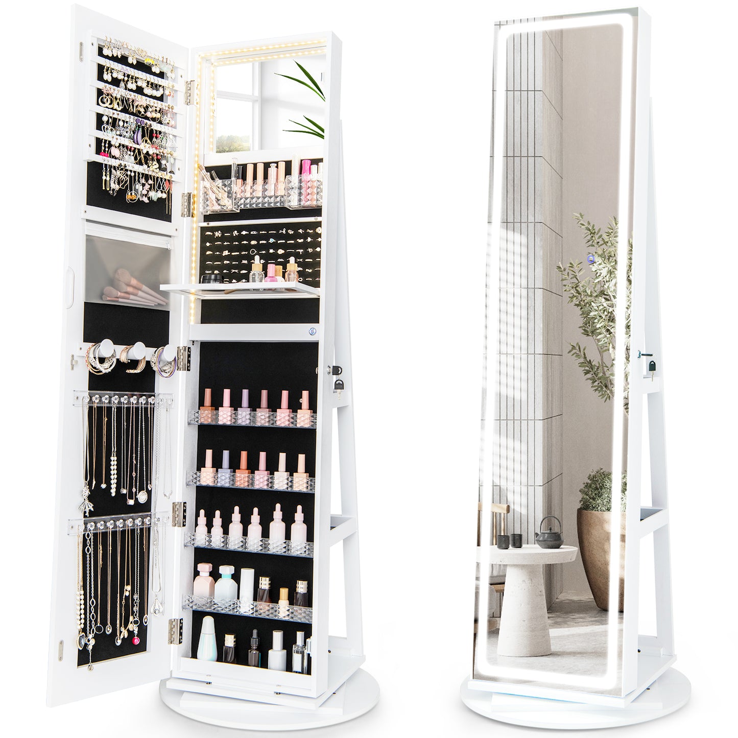 Giantex 360¡ã Swivel Jewelry Cabinet w/ LED Lights, Lockable Jewelry Armoire w/ Full-Length Mirror