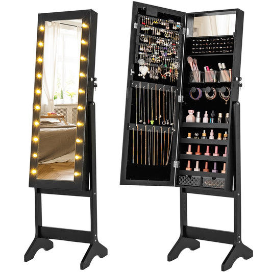 Giantex Mirror Jewelry Cabinet, Standing Jewelry Armoire Organizer w/ Full-Length Mirror & 20 Warm Lights, Black