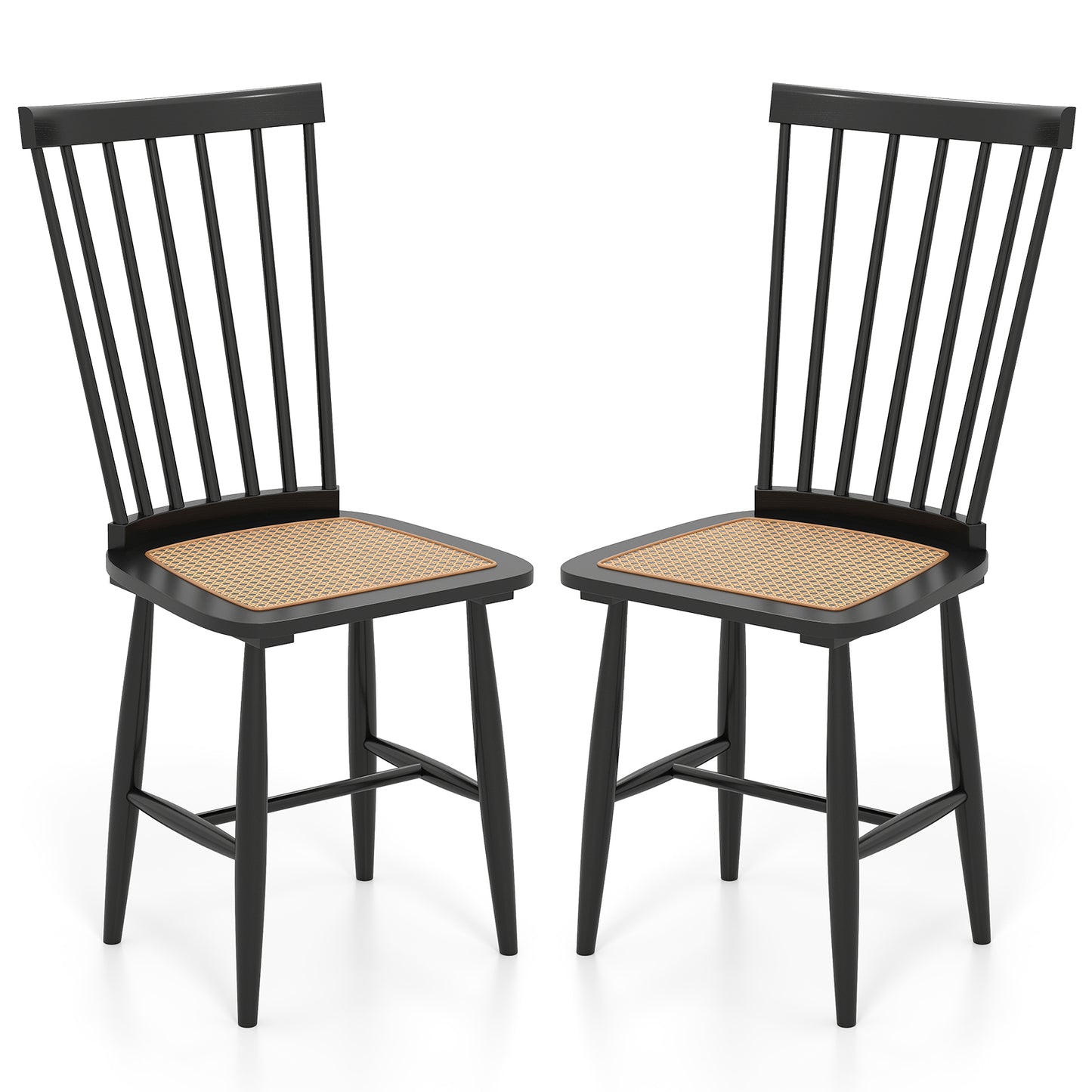 Giantex 2 Pieces Dining Chairs Set with Solid Rubber Wood Frame w/PE Rattan Seats, Mid-Century Spindle Back Chairs