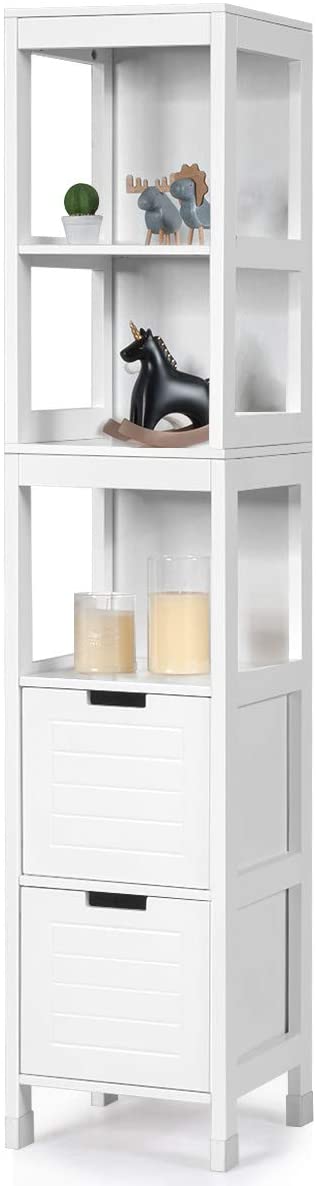 Giantex Tall Bathroom Cabinet, Wooden Free Standing Floor Storage Cabinet with Three Open Shelves and Two Drawers, Equipped with Anti-toppling Fitting, 12 x 12 x 57 inches (White)