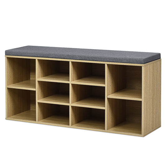 Giantex Shoe Storage Bench with Cushion, Entryway Shoe Rack Bench, Adjustable Shelves, 10-Cubbies Shoe Organizer Bench for Entryway, Living Room, Bedroom, Hallway, Closet, Mudroom (Natural)