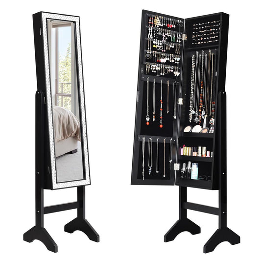 Giantex Mirrored Jewelry Cabinet Armoire with Mirror w/Resin Diamond Design Standing Storage Organizer Box with Full-length Mirror, Earring Slots Holes, Necklace Hooks, Storage Shelves, Black