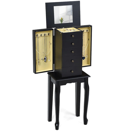 Giantex Jewelry Cabinet Armoire with Top Mirror, 5 Drawers, 2 Swing Doors, Wooden Jewelry Treasure Storage Chest with Large Storage, Standing Jewelry Organizer