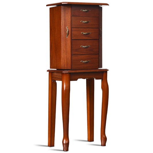 Giantex Jewelry Cabinet Chest Armoire Stand, Functional Jewelry Storage Organizer, Wood Box Case Walnut, Gift for Girls or Women Ring Necklace Earring Bracelet Holder Organizer with Mirror