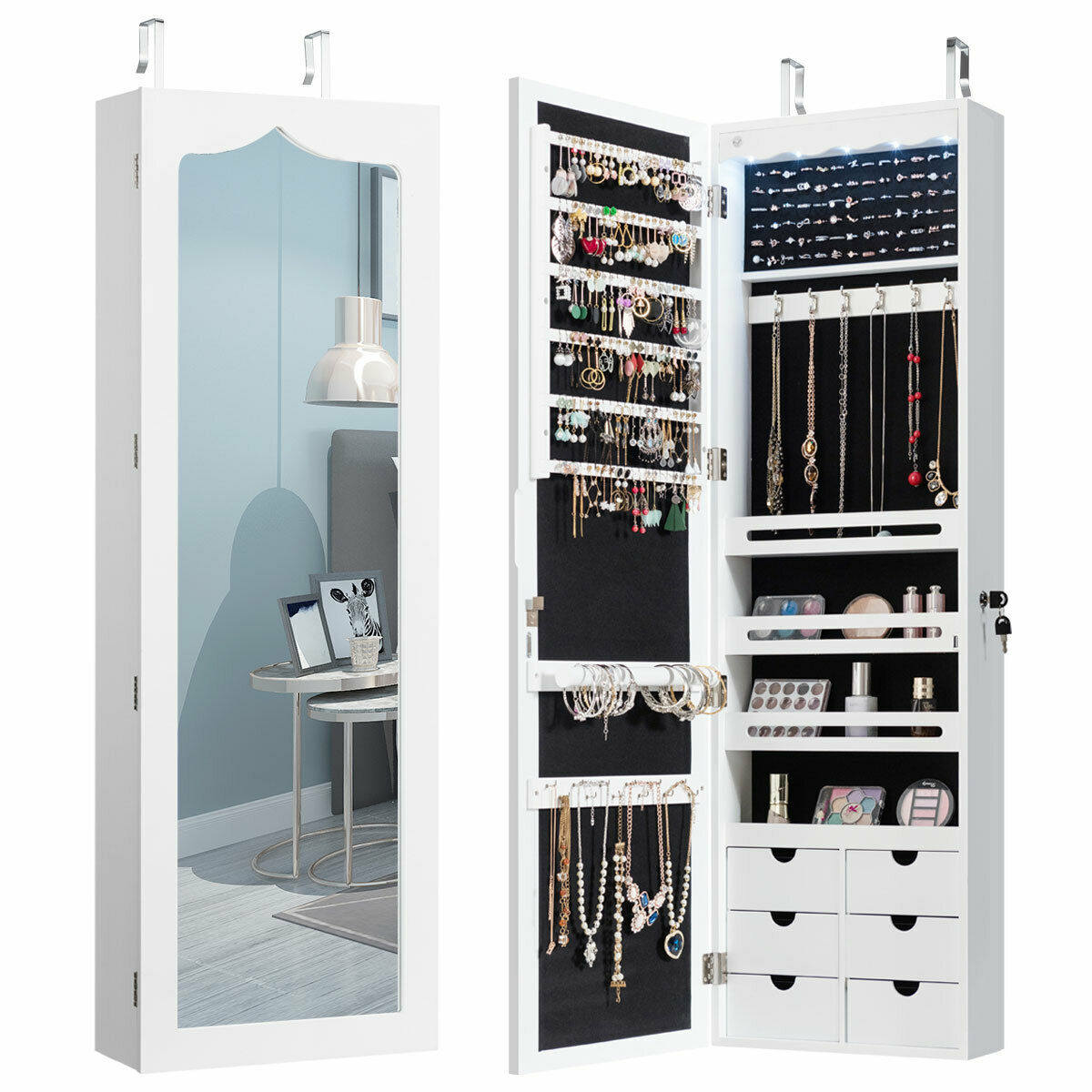Giantex 5 LEDs Mirror Jewelry Armoire Wall Door Mounted, Lockable Jewelry Cabinet with 6 Drawers and Full Length Mirror, Large Capacity Jewelry Organizer Storage Jewelry Box with Drawers