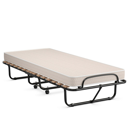 Giantex Folding Bed with Mattress, Portable Guest Bed Rollaway with Memory Foam Mattress & Metal Frame, Foldable Bed Frame Cot Size for Bedroom, School, Office
