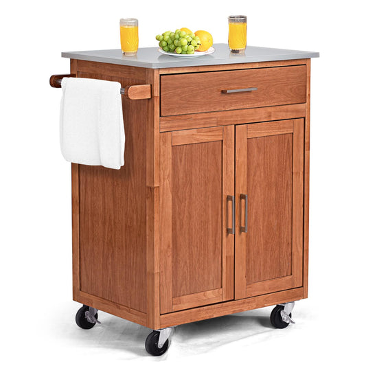 Giantex Modern Kitchen Island Utility Cart, Rolling Kitchen Island Storage Cupboard w/Stainless Steel Countertop, Towel Rack, Drawer, 2 Tiers Cabinet, Wheels, Perfect for kitchen and Dining Room