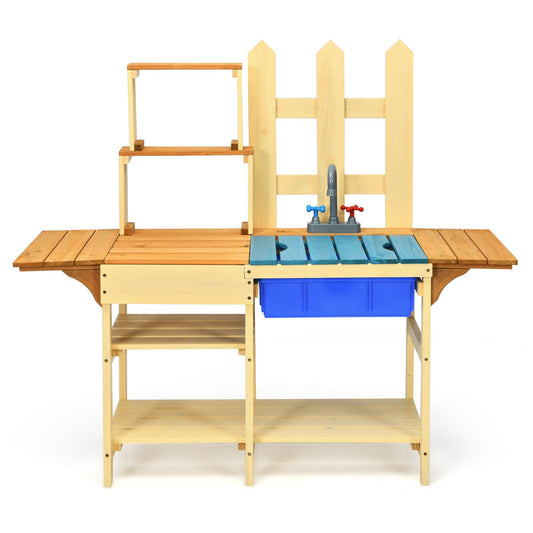 Giantex Kids Kitchen Playset, Outdoor Pretend Set for Kids Toddler, Wooden Play Toy w/Simulated Faucet, Shelves, Removable Board