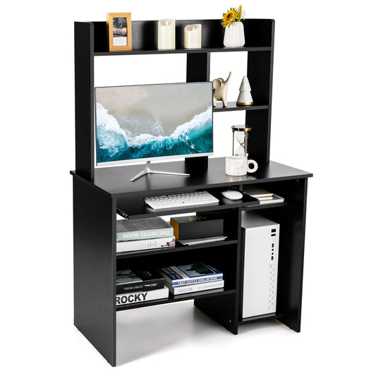 Giantex Bookshelf, Study Writing Storage Shelves, Wood Laptop Table w/Keyboard Tray, Modern Computer Desk for Home Office